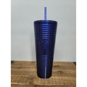 Starbucks Tumbler Grid Pearl Cobalt Blue Straw 24oz Cold Cup Plastic Shimmer NEW